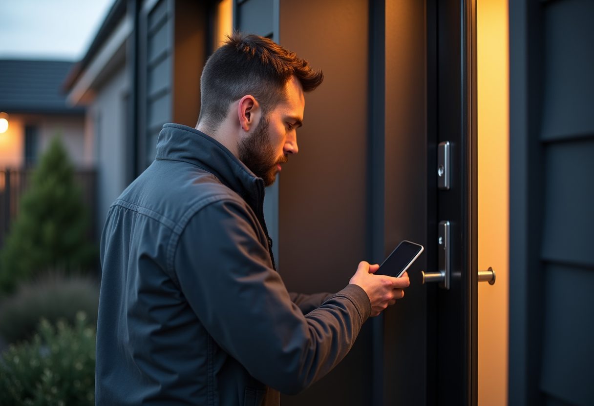 Keypad smart lock being installed on a modern front door — Northmead
